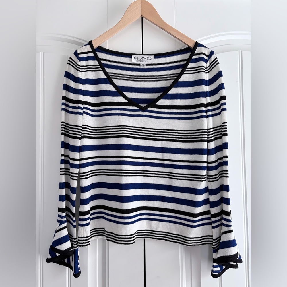 St.‎ John Collection Striped V Neck Long Sleeve Top Bell Cuffs Women's Size 10